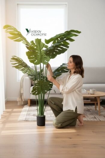14 Dallı İri Yapraklı Islak Dokulu Lüks Yapay Monstera Deve Tabanı Ağacı