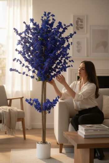 Beyaz Renkli Saksıda 150 cm Yapay Bahardalı Ağacı Yoğun Yaprak