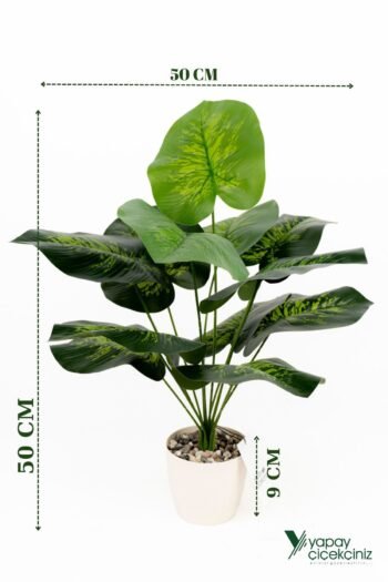 Taş Detaylı Beyaz Saksıda 12 Yapraklı 50 cm Yapay Salon Çiçeği