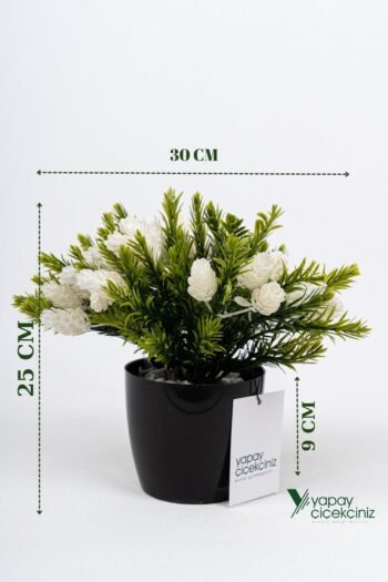 Taş Detaylı Siyah Saksıda Yoğun Yapraklı Yapay Dekor Yeşillik Demeti